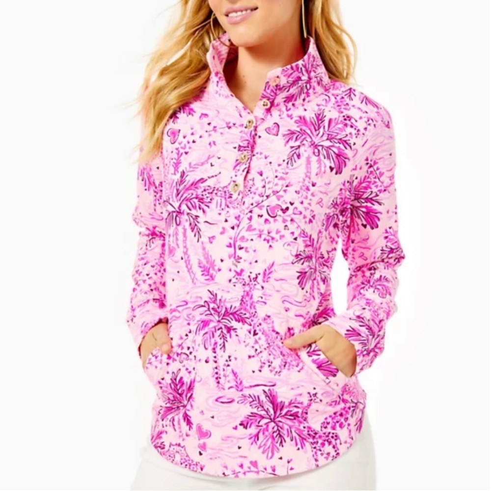 Lilly Pulitzer UPF 50+ Captain Round Hem Popover In Pink Blossom Wild About You